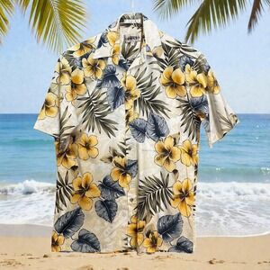 Campia‎ Moda Hawaiian Aloha Shirt Men's S Yellow Hibiscus Vintage 90s - Y2K